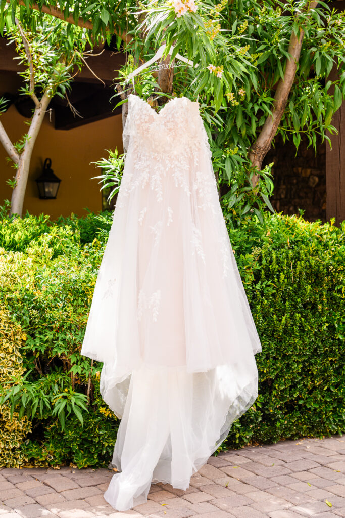 wedding dress hanging in trees at the Windmill House in Northern Arizona Chino Valley